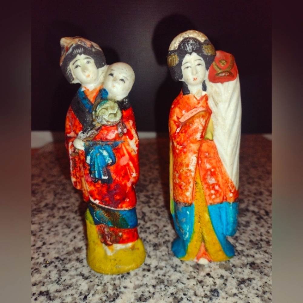 Japanese Antique Porcelain Doll Decorations. Maiko. 4.5". Includes Two Figures.